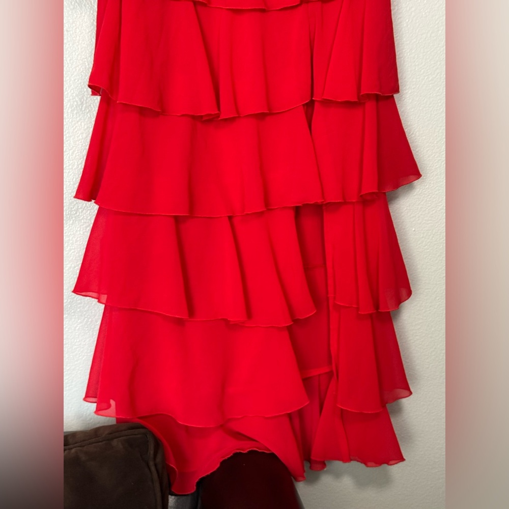PrettyLittleThing Red Chiffon Ruffle Layer Maxi Dress Size 4 - Picture 4 of 11